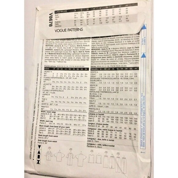 SEWING PATTERN Vogue V8678 Misses Jacket Top Skirt Pants Size 8-14 Loose Fitted - Picture 4 of 5